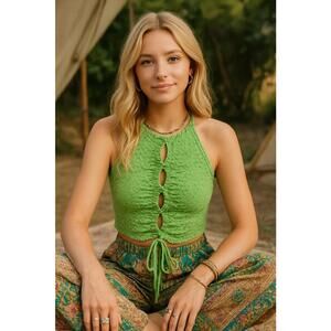 Eloide Green Textured Ruched Halter Top Size L – Boho Cutout Tie Front
